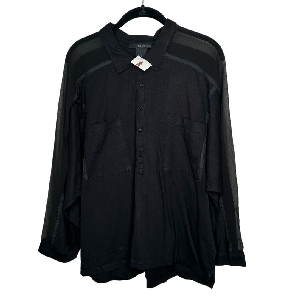 New Calvin Klein Women’s Black Mesh Detail Button Front Dressy Shirt XL BNWOT